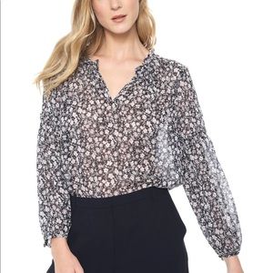 Banana Republic navy floral split neck ruffle top